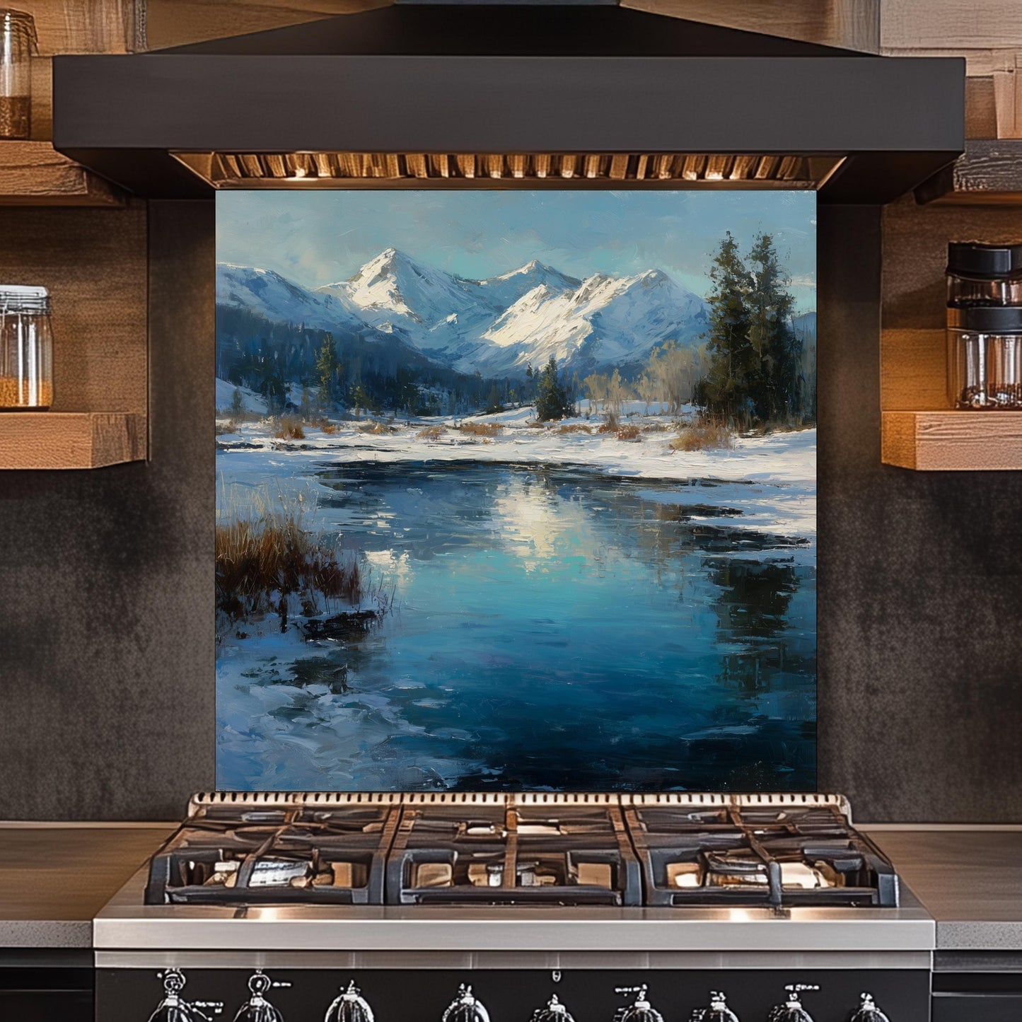 Winter Mountain Landscape Glass Backsplash: Tempered Glass Stove Panel