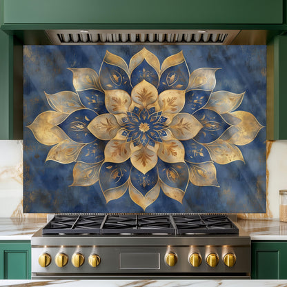 Moroccan Style Glass Backsplash, Blue Geometric Stove Guard, Heat Resistant Easy Clean Kitchen Art