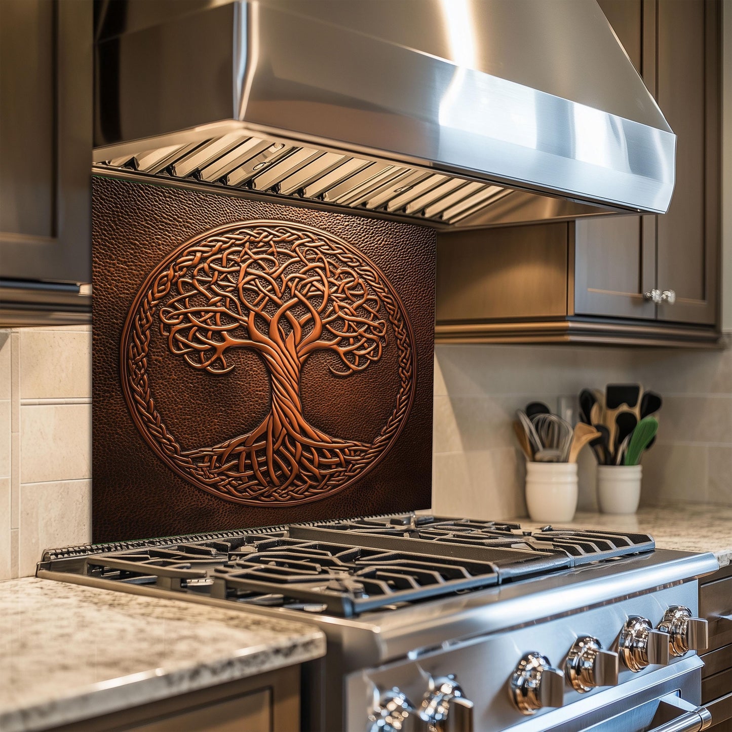 Tree of life backsplash, tempered glass kitchen panel, heat-resistant splashback, easy to clean, stove wall protector, artistic wall art, modern kitchen accent, stylish backsplash, rustic Celtic decor