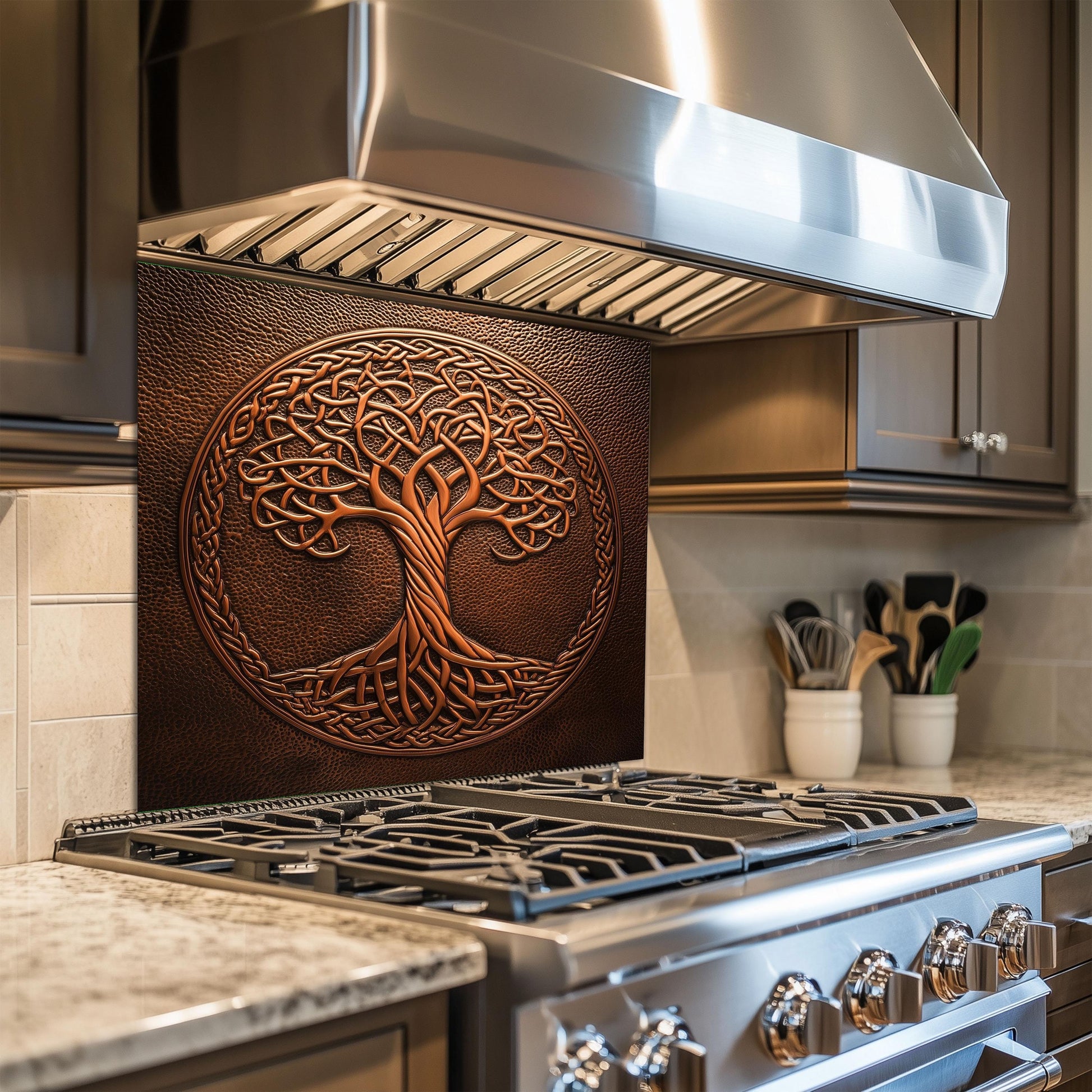 Tree of life backsplash, tempered glass kitchen panel, heat-resistant splashback, easy to clean, stove wall protector, artistic wall art, modern kitchen accent, stylish backsplash, rustic Celtic decor