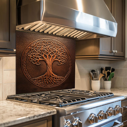 Tree of life backsplash, tempered glass kitchen panel, heat-resistant splashback, easy to clean, stove wall protector, artistic wall art, modern kitchen accent, stylish backsplash, rustic Celtic decor