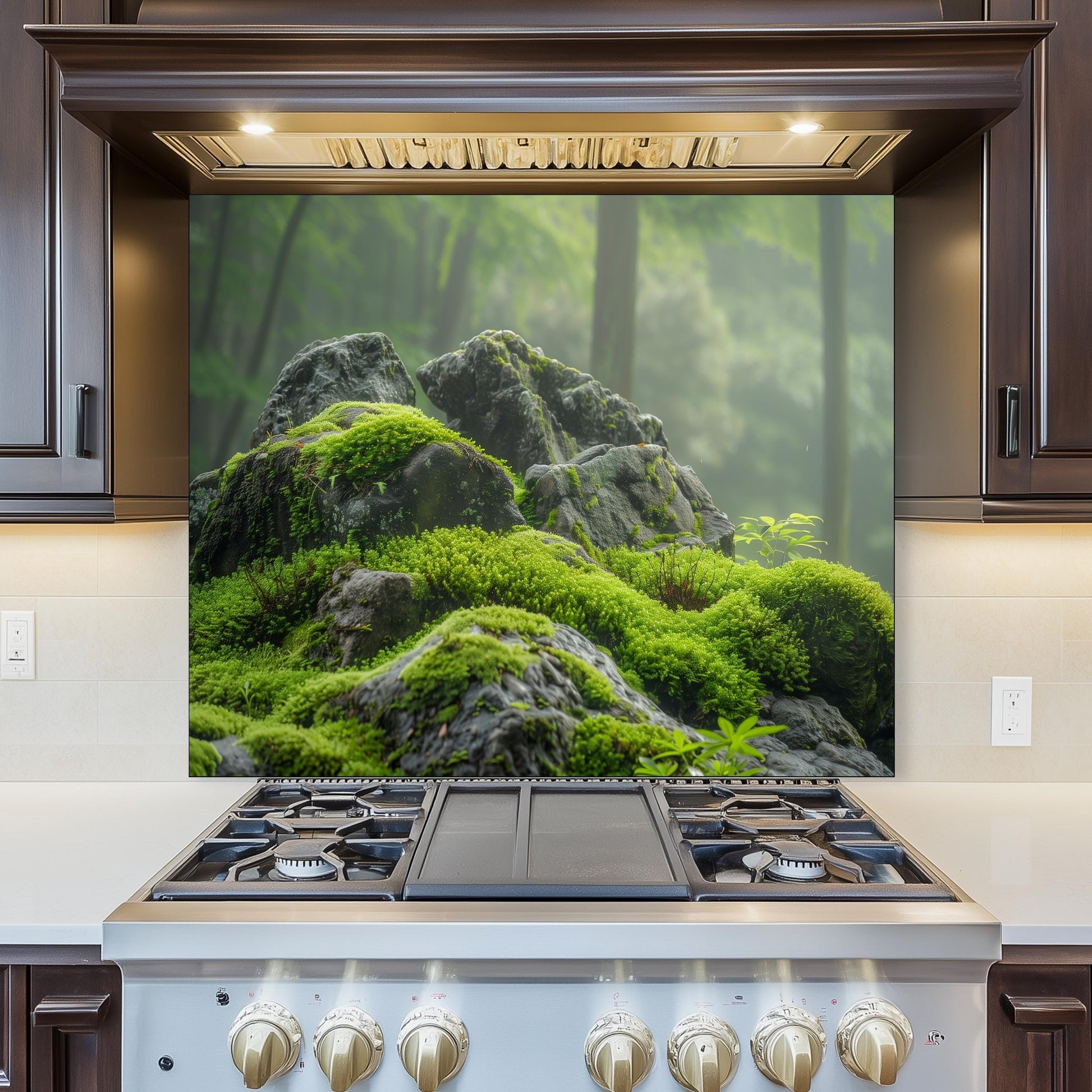 Moss Covered Rock Forest Tempered Glass Backsplash - Nature Inspired Green Kitchen Splashback