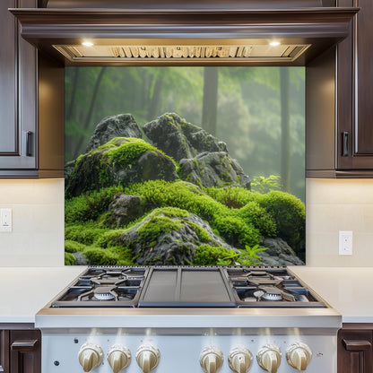 Moss Covered Rock Forest Tempered Glass Backsplash - Nature Inspired Green Kitchen Splashback