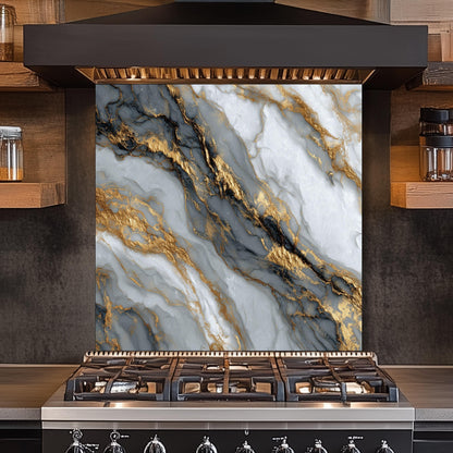 Black Gold Marble Glass Backsplash, Luxury Stone Stove Guard, Heat Resistant Easy Clean Art