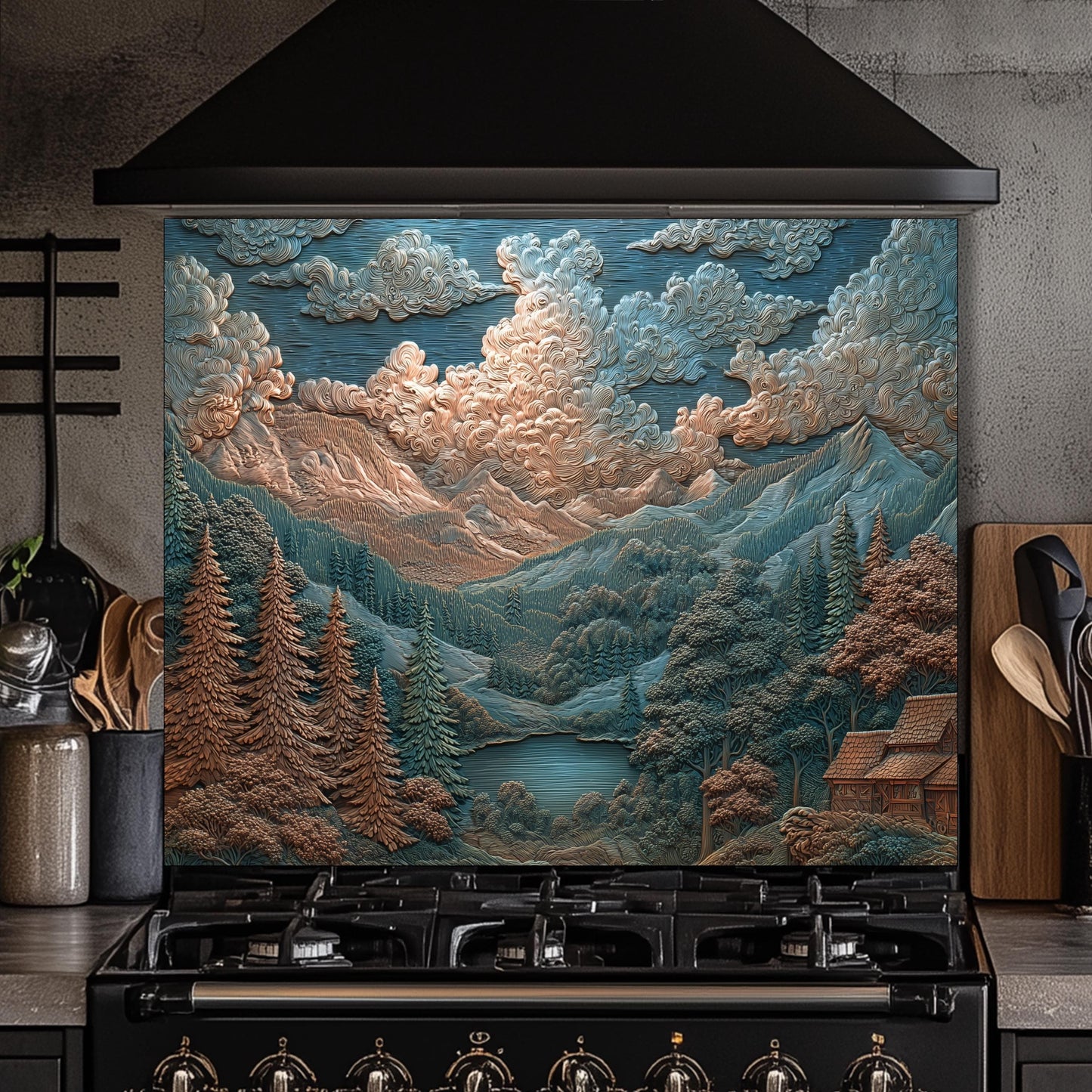 Mountain Landscape Glass Backsplash: Rustic Cabin & Boho Kitchen Decor