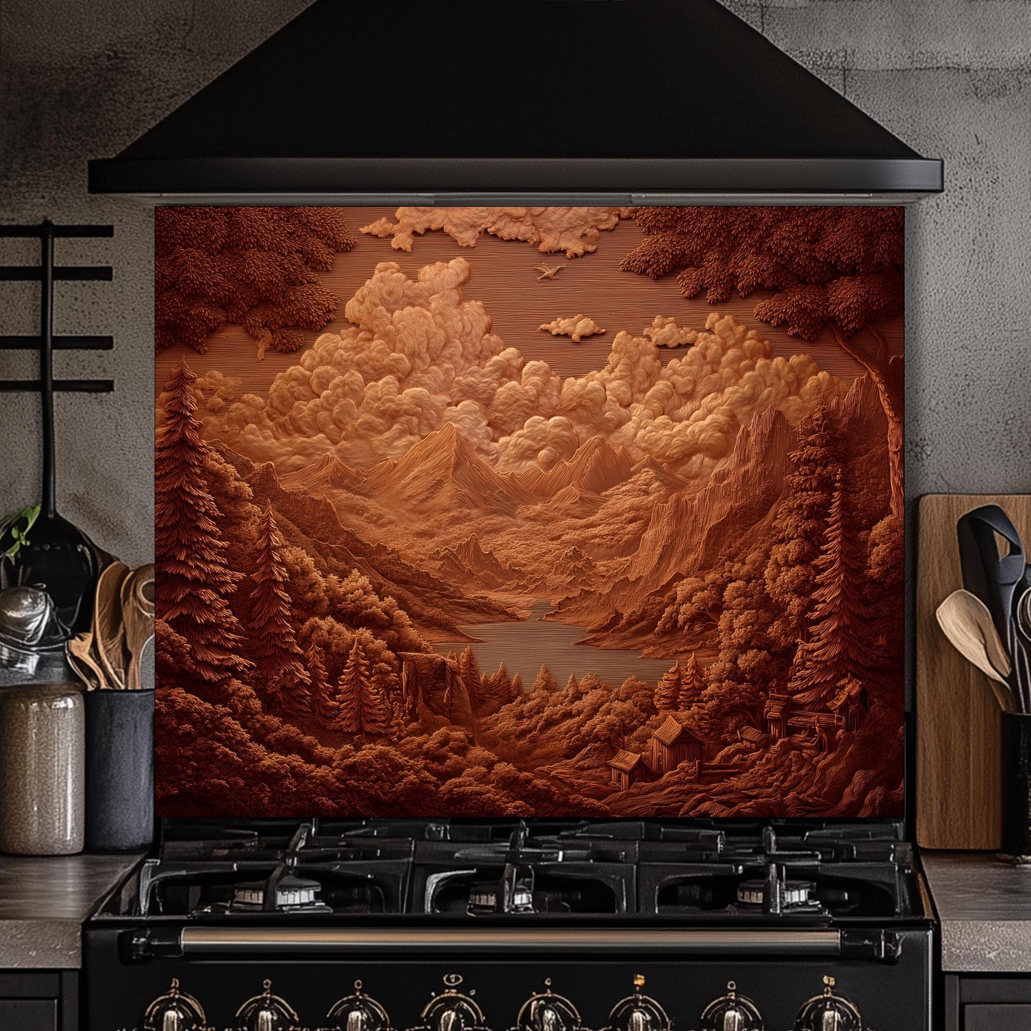 Sepia Mountain Landscape Tempered Glass Backsplash - Rustic Cabin Decor