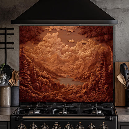 Sepia Mountain Landscape Tempered Glass Backsplash - Rustic Cabin Decor