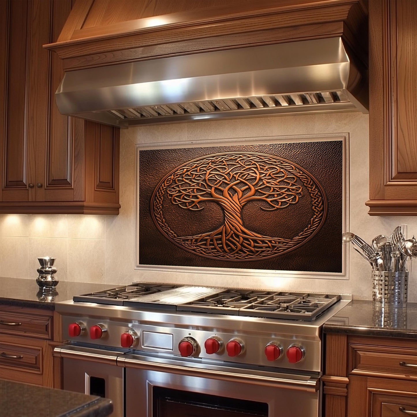 Celtic tree of life backsplash, tempered glass panel, rustic kitchen wall art, heat-resistant splashback, easy to clean wall protector, modern kitchen accent, artistic backsplash, stove protector, unique design