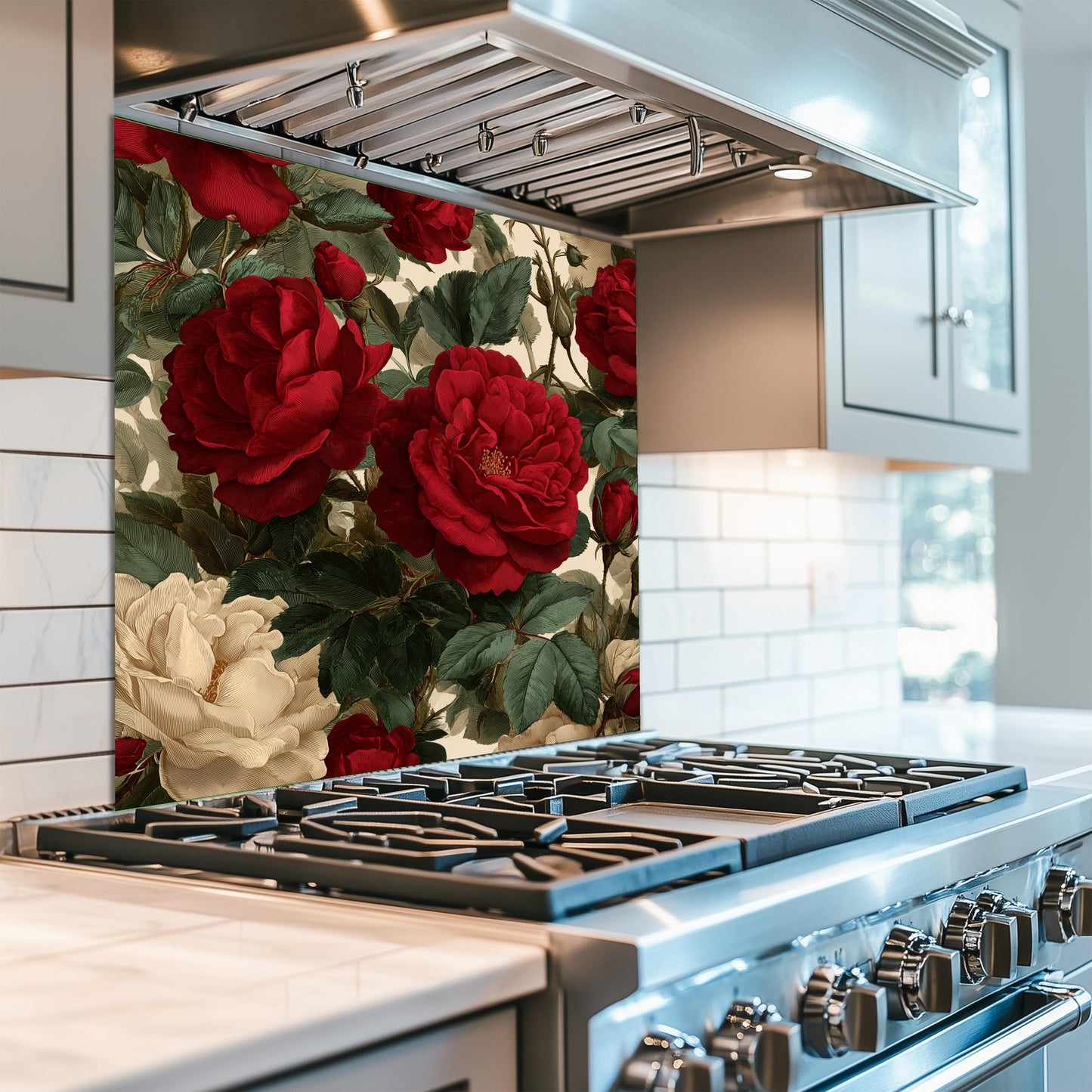 Bold Red Rose Tempered Glass Backsplash - Vintage Botanical Floral Kitchen Splashback