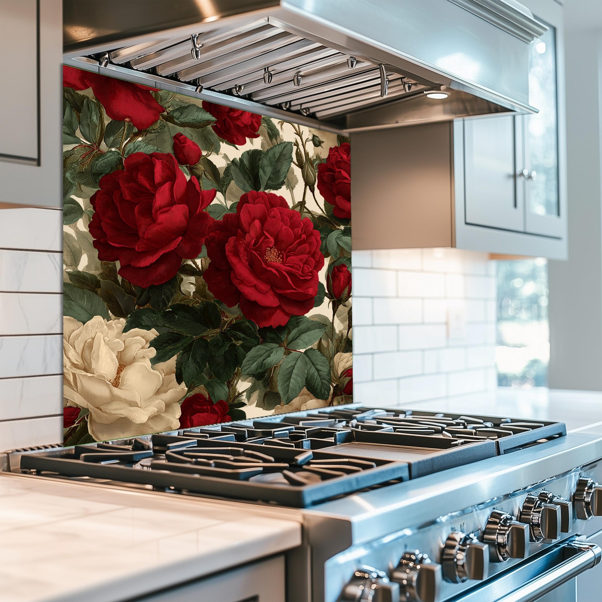 Bold Red Rose Tempered Glass Backsplash - Vintage Botanical Floral Kitchen Splashback