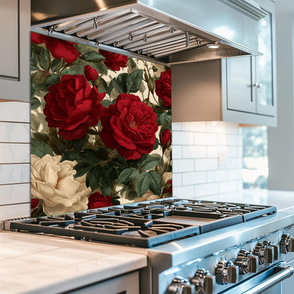 Bold Red Rose Tempered Glass Backsplash - Vintage Botanical Floral Kitchen Splashback
