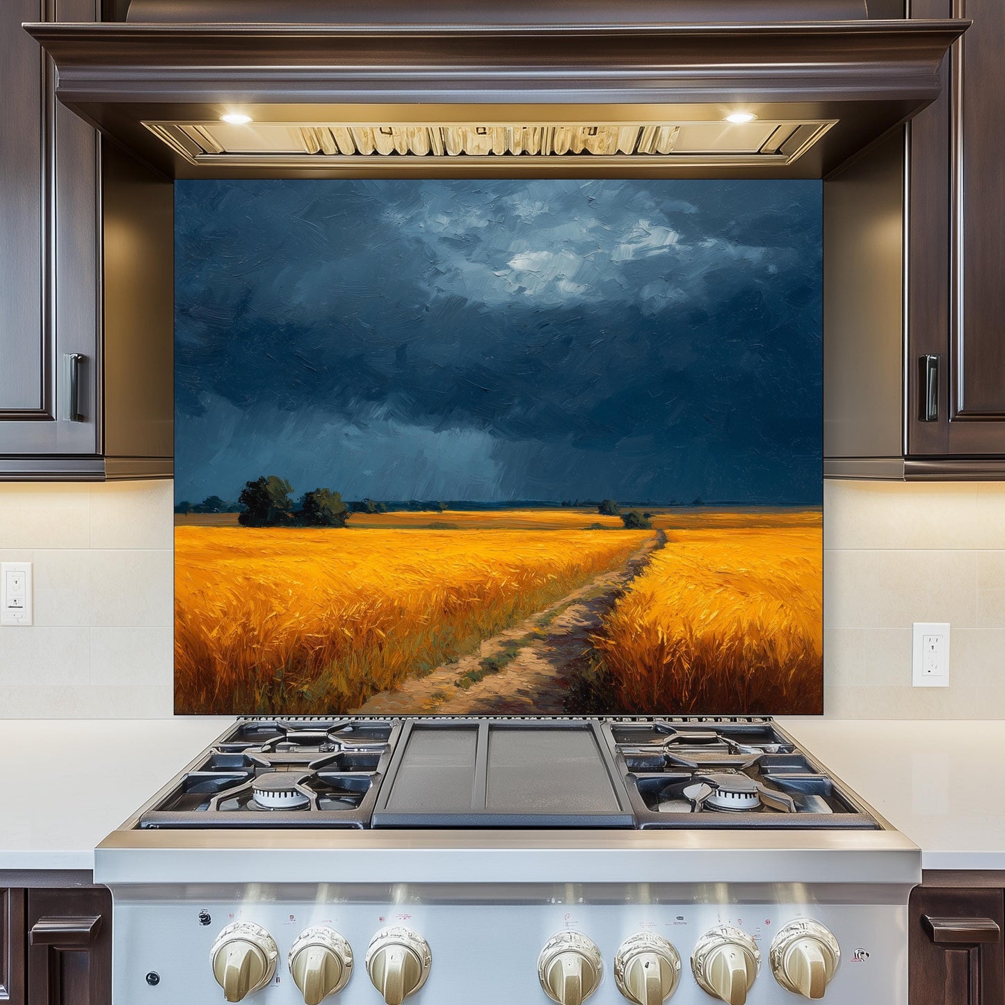 Golden Wheat Field Tempered Glass Backsplash: Farmhouse Kitchen Wall Art