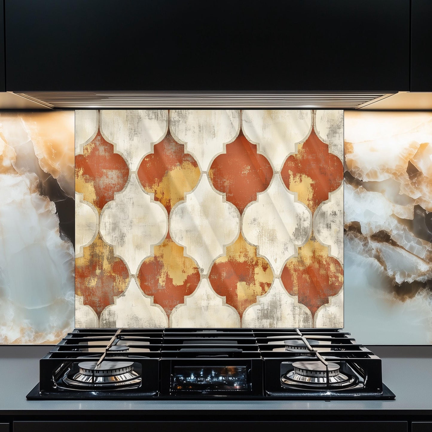 Moroccan Style Glass Backsplash, Blue Geometric Stove Guard, Heat Resistant Easy Clean Kitchen Art
