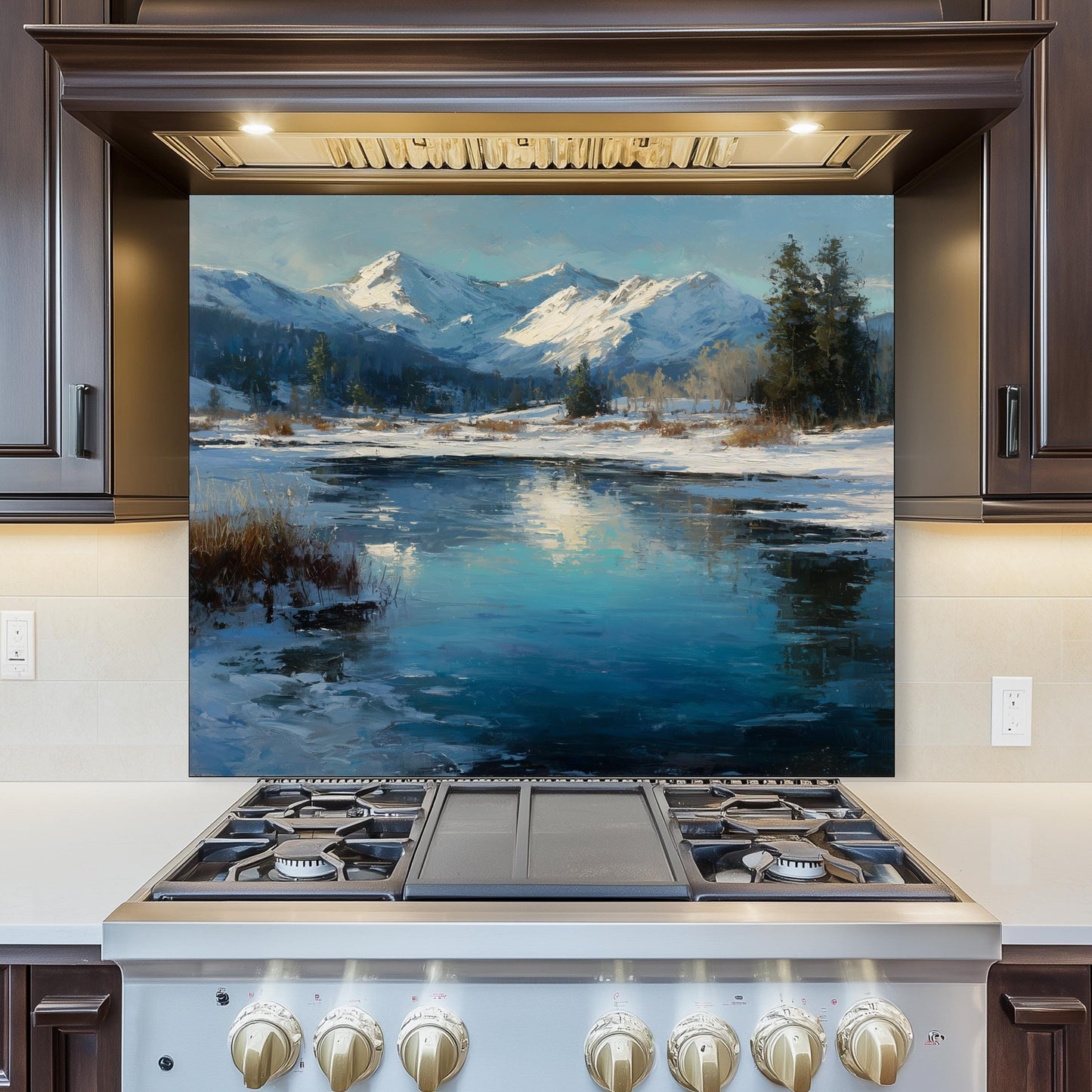 Winter Mountain Landscape Glass Backsplash: Tempered Glass Stove Panel