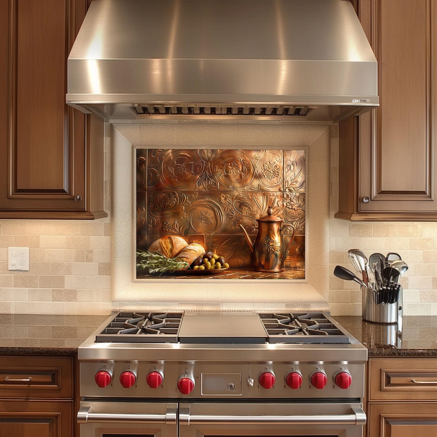 Tempered glass kitchen backsplash, rustic copper effect design, heat-resistant wall protector, Mediterranean bread and olive art, easy clean kitchen backsplash, farmhouse kitchen decor, stove backsplash protector