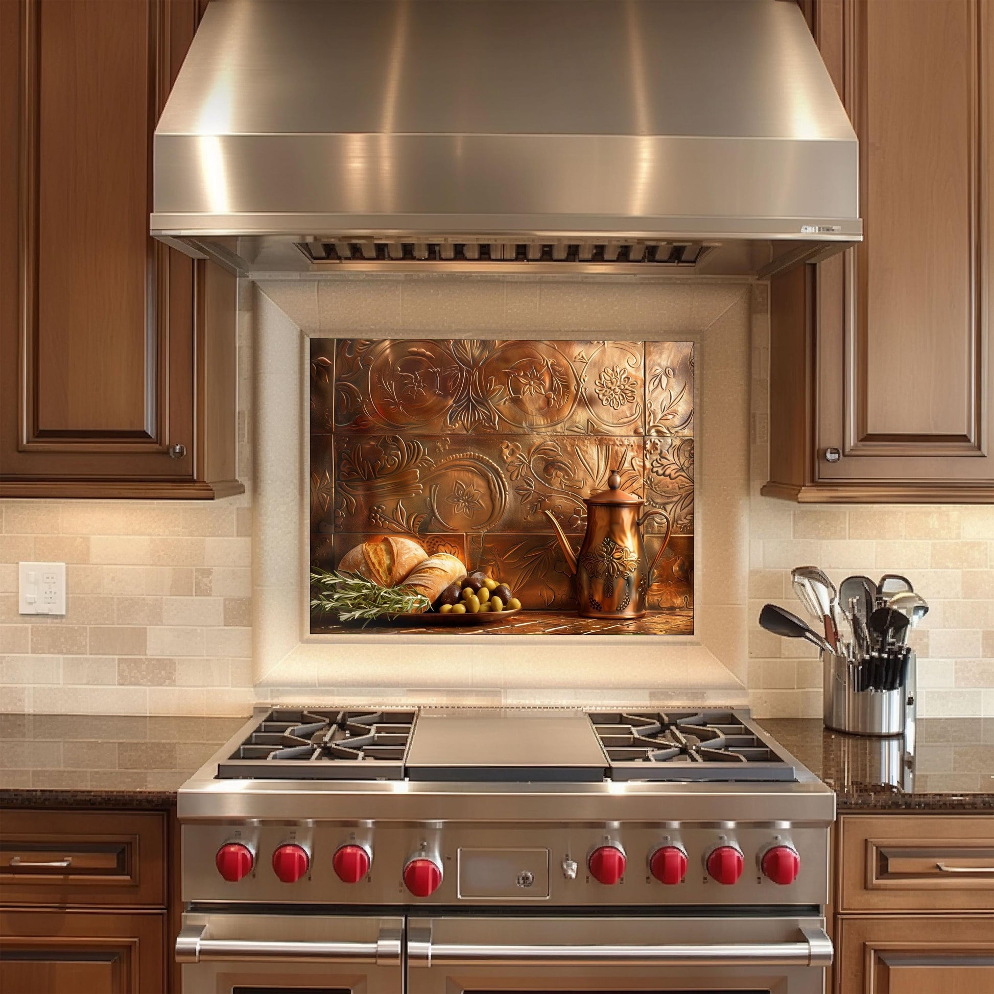 Tempered glass kitchen backsplash, rustic copper effect design, heat-resistant wall protector, Mediterranean bread and olive art, easy clean kitchen backsplash, farmhouse kitchen decor, stove backsplash protector