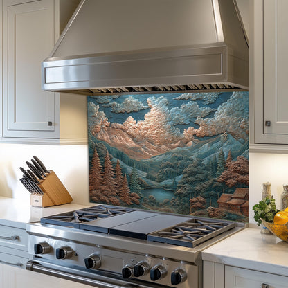 Mountain Landscape Glass Backsplash: Rustic Cabin & Boho Kitchen Decor