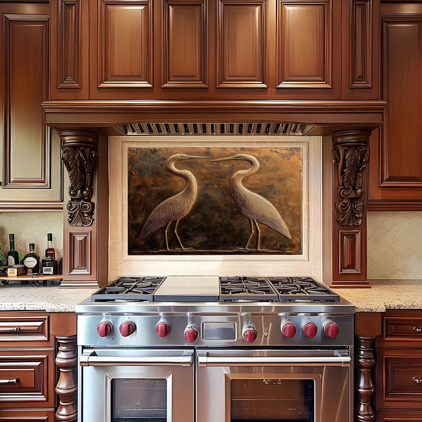 Rustic kitchen backsplash, heron copper design, heat-resistant tempered glass, easy clean wall protector, nature-inspired wall art, stove backsplash, elegant decor