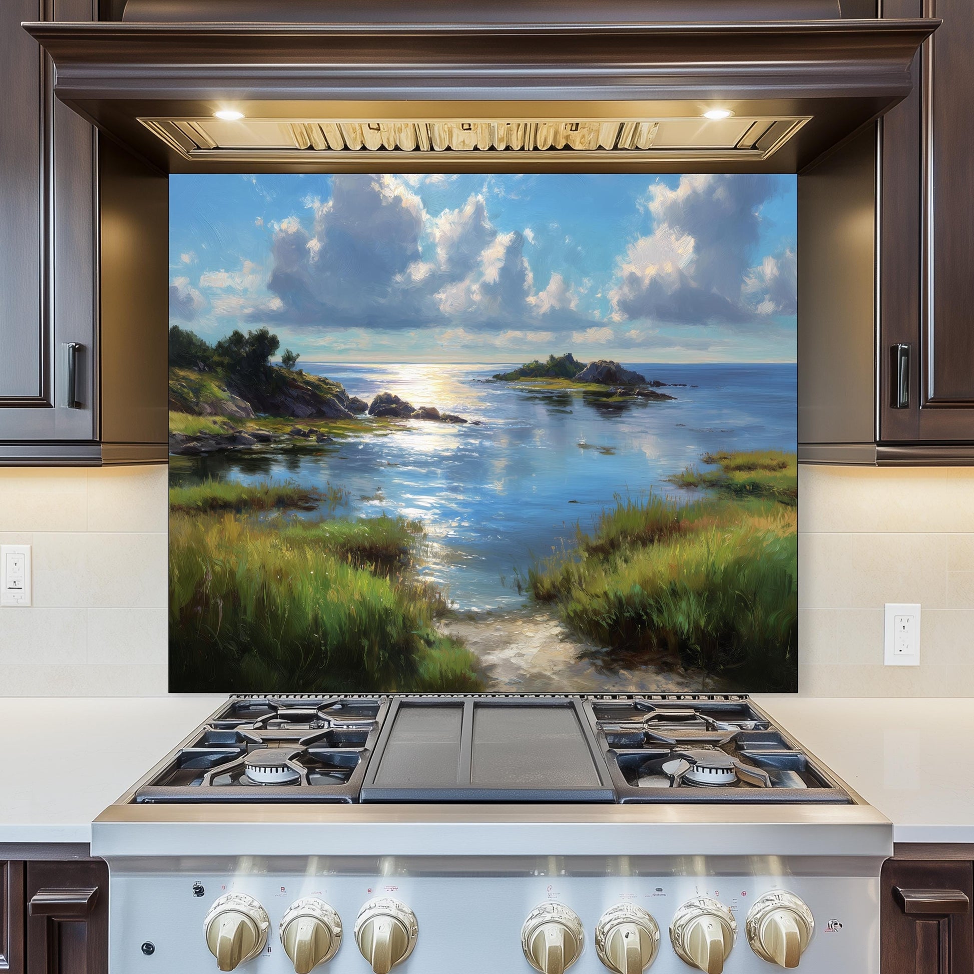 Tempered Glass Kitchen Backsplash: Mountain Sunrise Copper Effect
