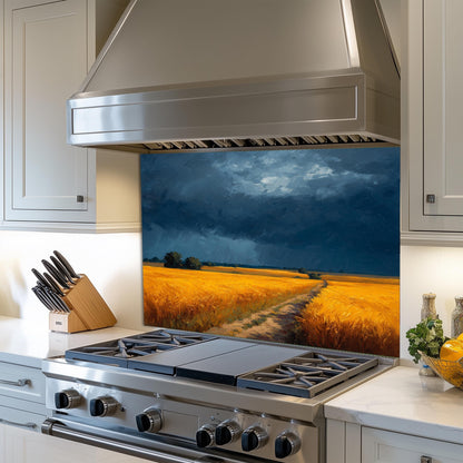 Golden Wheat Field Tempered Glass Backsplash: Farmhouse Kitchen Wall Art