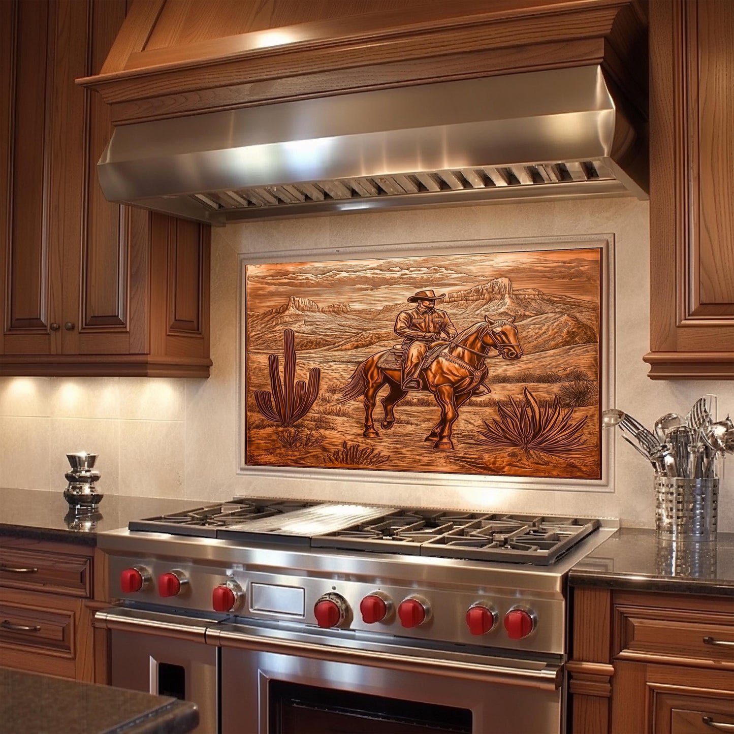 Western kitchen decor, cowboy-themed backsplash, heat-resistant tempered glass, rustic copper kitchen protector, easy clean backsplash, country-style kitchen wall art, stove backsplash protector