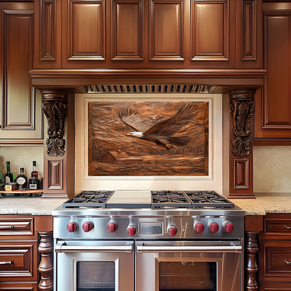 Tempered glass backsplash, rustic mountain design, copper-effect kitchen wall protector, heat-resistant backsplash, farmhouse kitchen decor