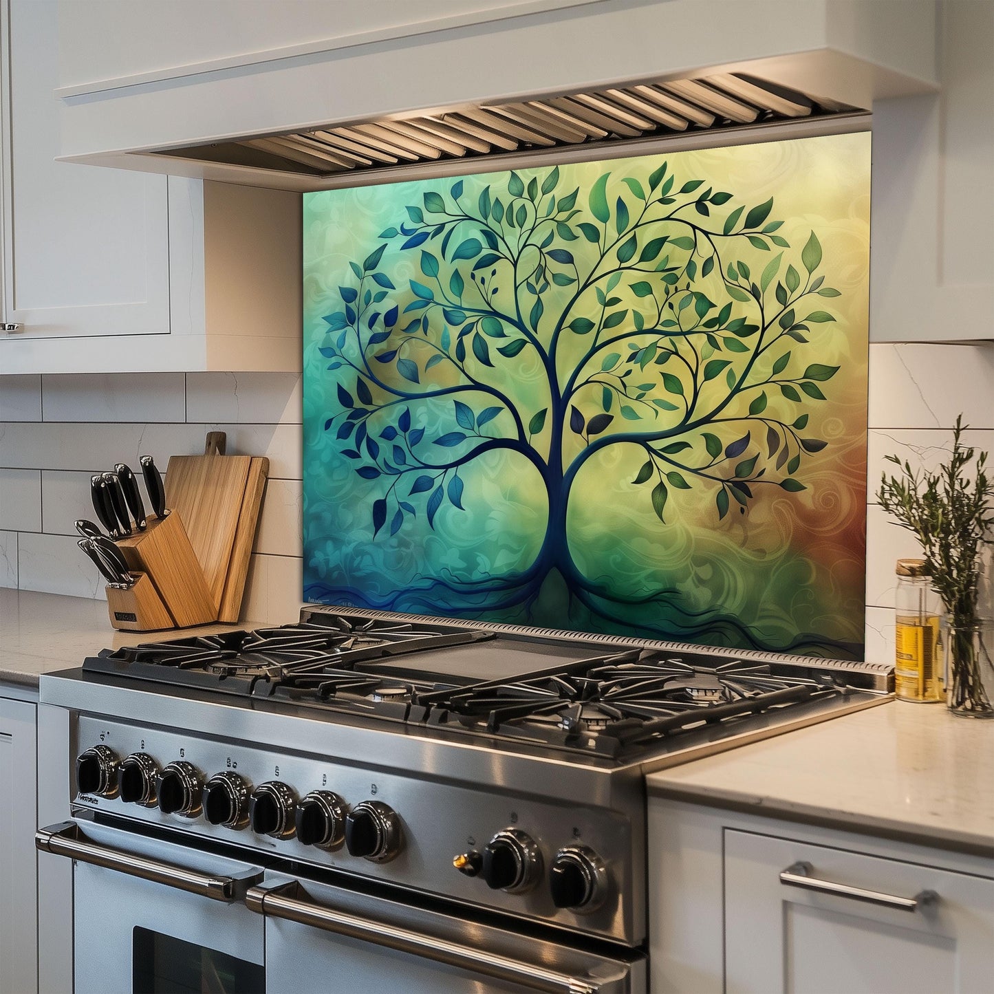 Tree of Life Kitchen Backsplash, UV Printed Tempered Glass Wall Art, Custom Size Design