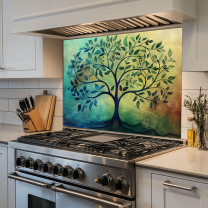 Tree of Life Kitchen Backsplash, UV Printed Tempered Glass Wall Art, Custom Size Design