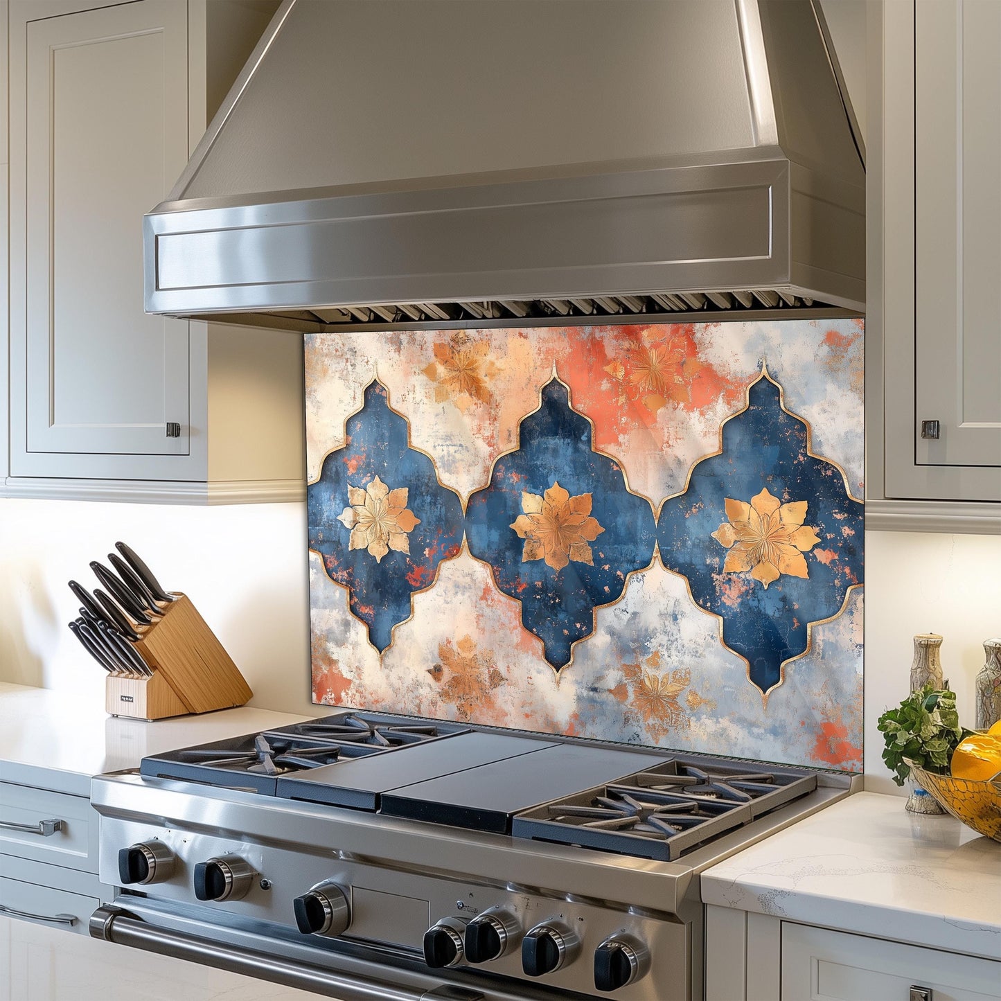Moroccan Style Glass Backsplash, Blue Geometric Stove Guard, Heat Resistant Easy Clean Kitchen Art
