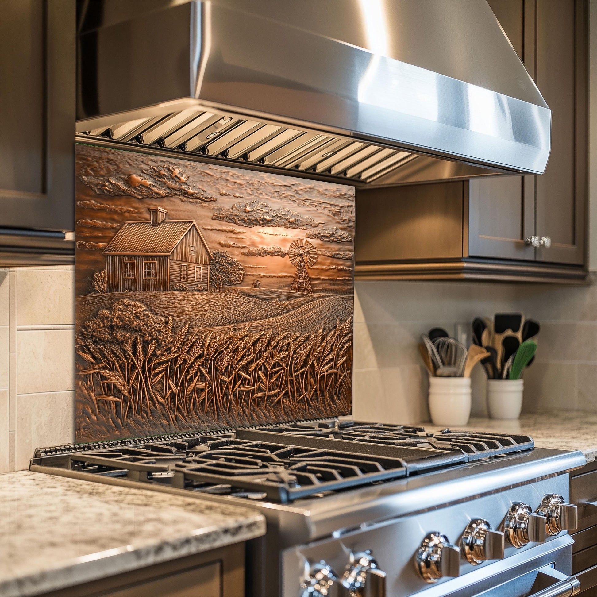Copper Embossed Kitchen Backsplash: Farmhouse Windmill Tempered Glass