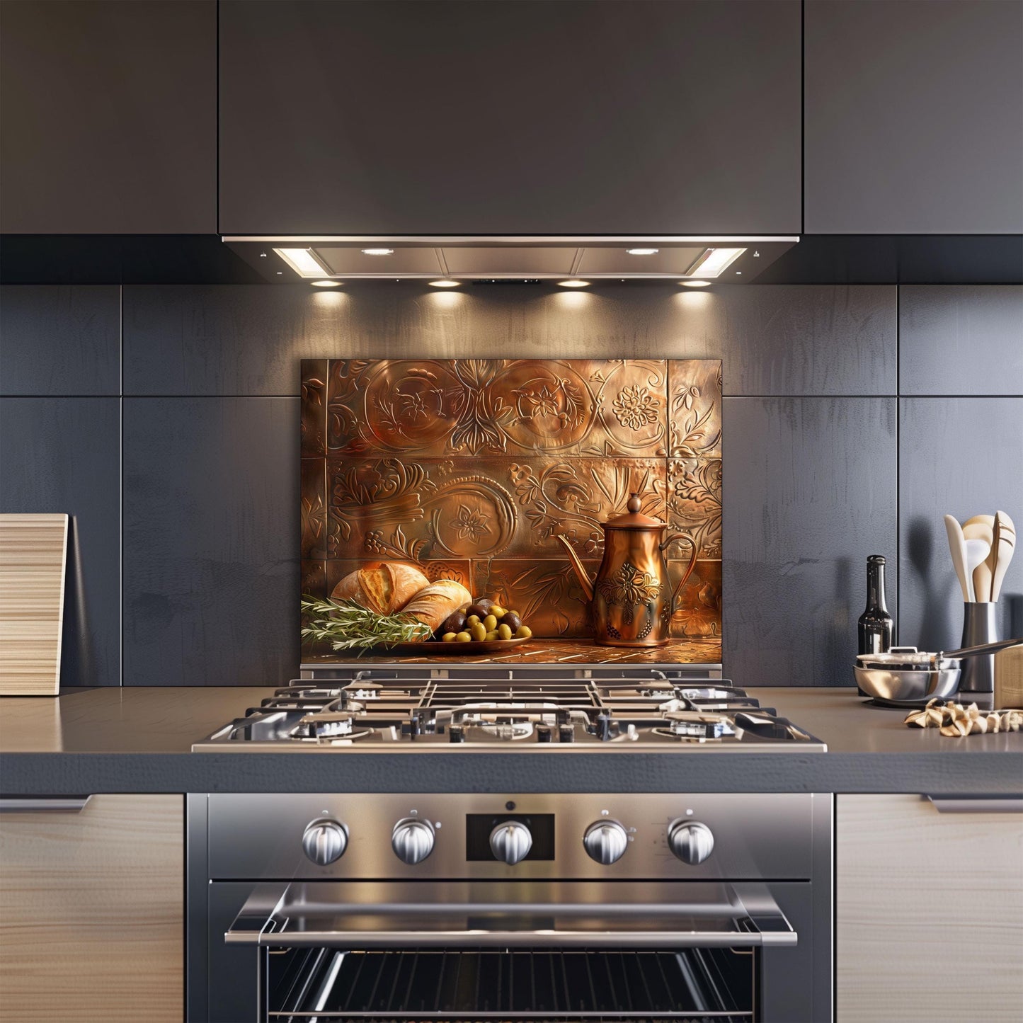 Rustic copper kitchen backsplash, heat-resistant tempered glass wall protector, Mediterranean bread and olive design, easy clean kitchen wall protector, stove backsplash, vintage style kitchen art, rustic farmhouse decor