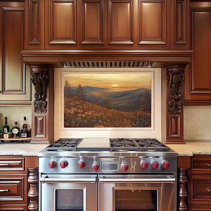 Tempered glass kitchen backsplash, mountain sunrise design, heat-resistant wall protector, easy clean copper effect kitchen panel, rustic mountain landscape art, kitchen wall protector, stove protector