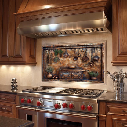 Copper kitchen backsplash, rustic utensils and herbs design, heat-resistant tempered glass, easy clean kitchen wall protector, vintage kitchen art, stove protector, rustic kitchen decor