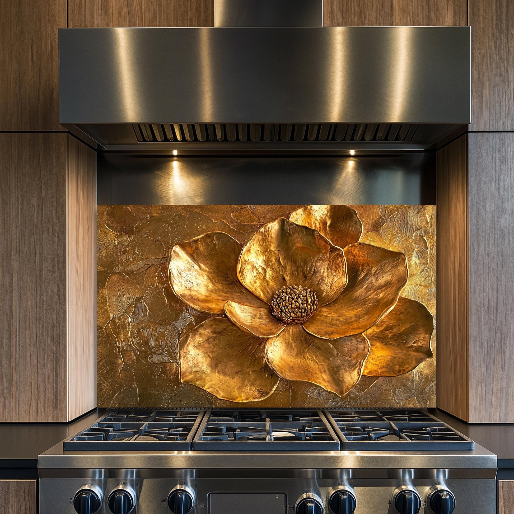Golden Flower Tempered Glass Stove Backsplash: Rustic Kitchen Decor