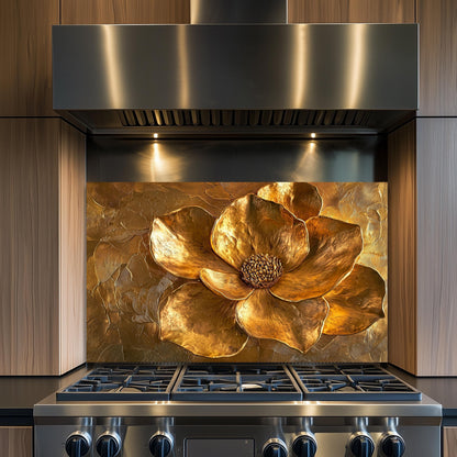 Golden Flower Tempered Glass Stove Backsplash: Rustic Kitchen Decor