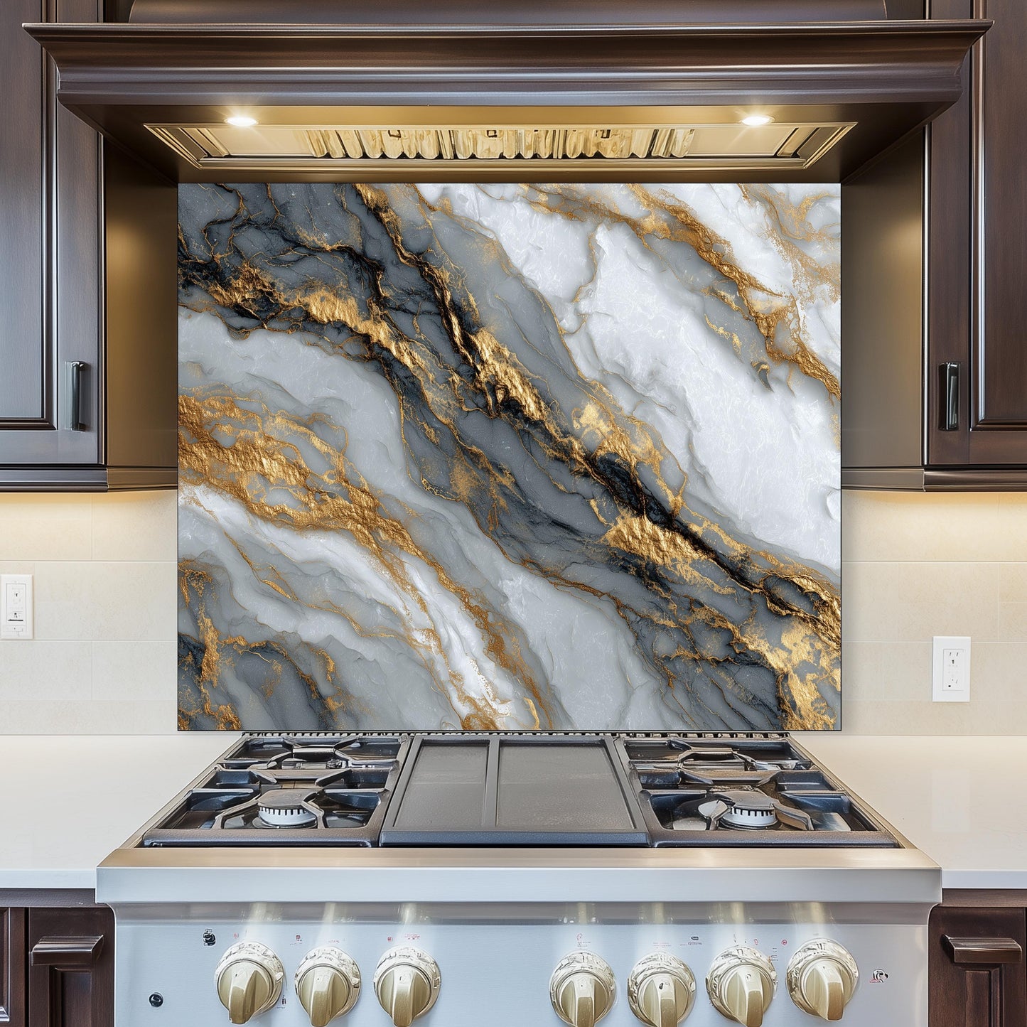 Black Gold Marble Glass Backsplash, Luxury Stone Stove Guard, Heat Resistant Easy Clean Art