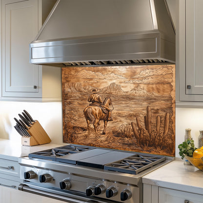 Western cowboy backsplash, heat-resistant tempered glass, rustic copper wall protector, easy clean kitchen wall protector, stove backsplash art, cowboy kitchen wall decor, Western kitchen protector