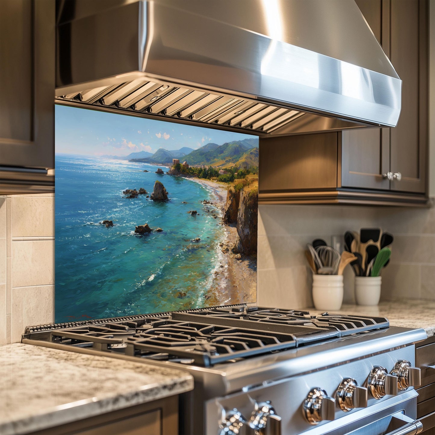 Tempered Glass Mountain Sunrise Backsplash: Heat-Resistant Kitchen Wall Art