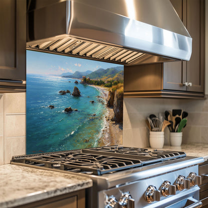 Tempered Glass Mountain Sunrise Backsplash: Heat-Resistant Kitchen Wall Art