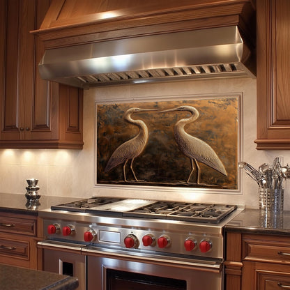 Copper heron backsplash, heat-resistant tempered glass, easy clean kitchen protector, nature-themed kitchen art, rustic wall decor, stove backsplash protector, elegant kitchen design