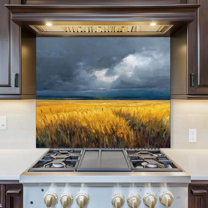 Wheat Field Glass Backsplash, Rustic Farmhouse Stove Guard, Heat Resistant Easy Clean Kitchen Art