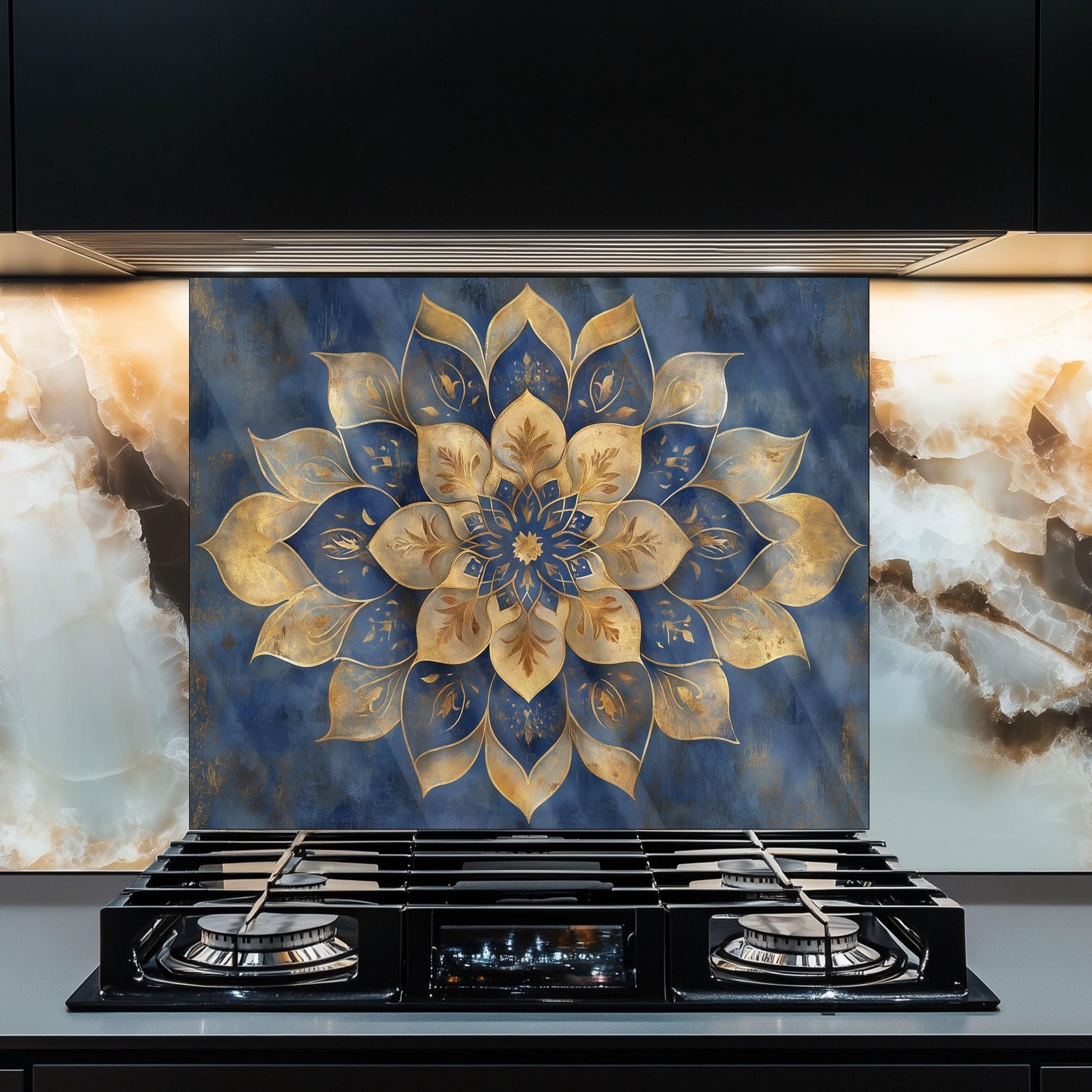 Moroccan Style Glass Backsplash, Blue Geometric Stove Guard, Heat Resistant Easy Clean Kitchen Art