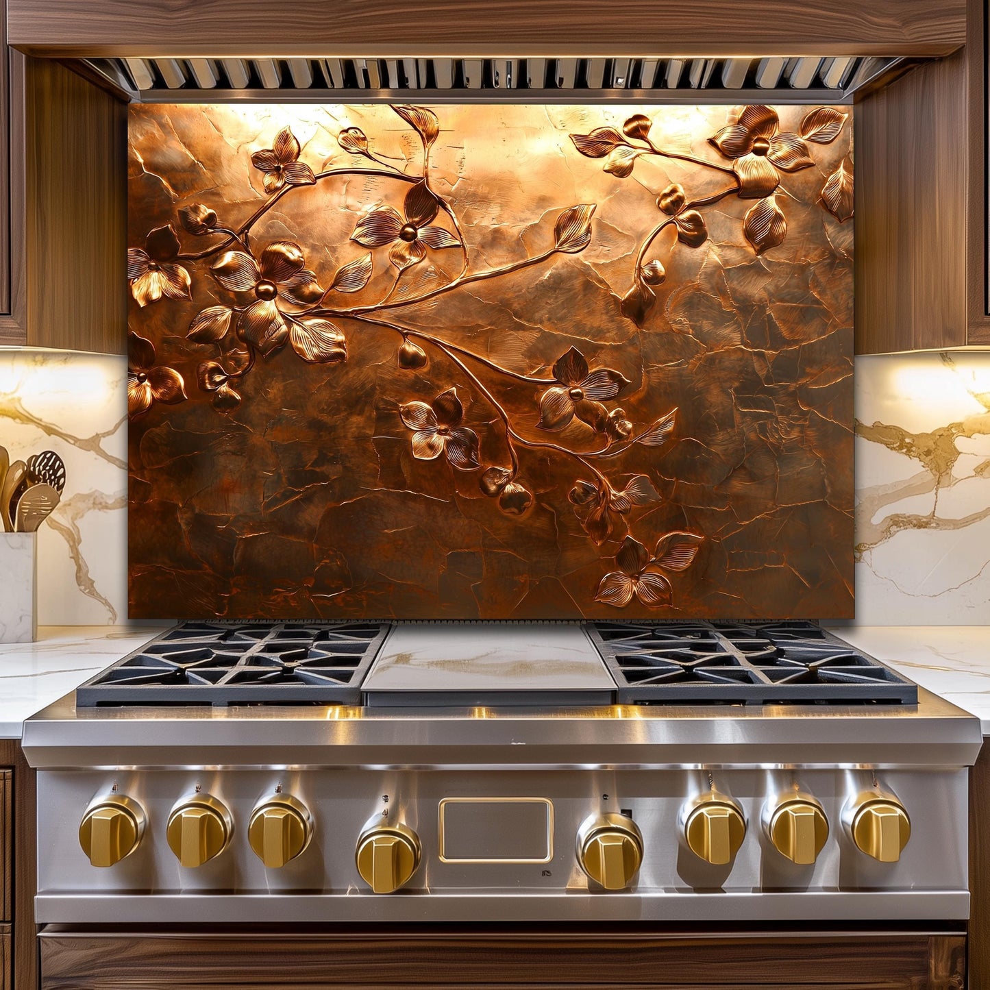 Embossed Flower Tempered Glass Kitchen Backsplash: Copper Heron Design