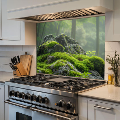 Moss Covered Rock Forest Tempered Glass Backsplash - Nature Inspired Green Kitchen Splashback