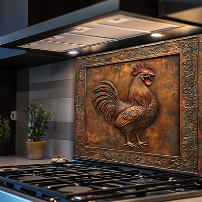 Country-style rooster backsplash with durable tempered glass. Ideal for farmhouse kitchens, this heat-resistant wall protector adds a rustic touch and timeless charm, with easy maintenance