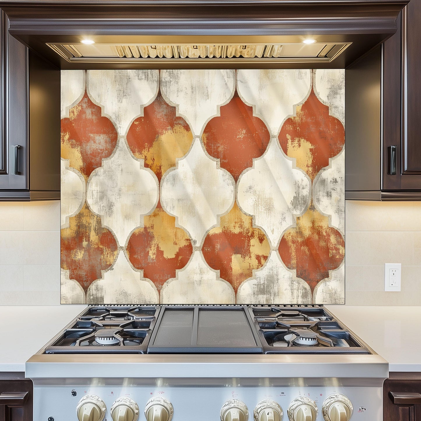 Moroccan Style Glass Backsplash, Blue Geometric Stove Guard, Heat Resistant Easy Clean Kitchen Art