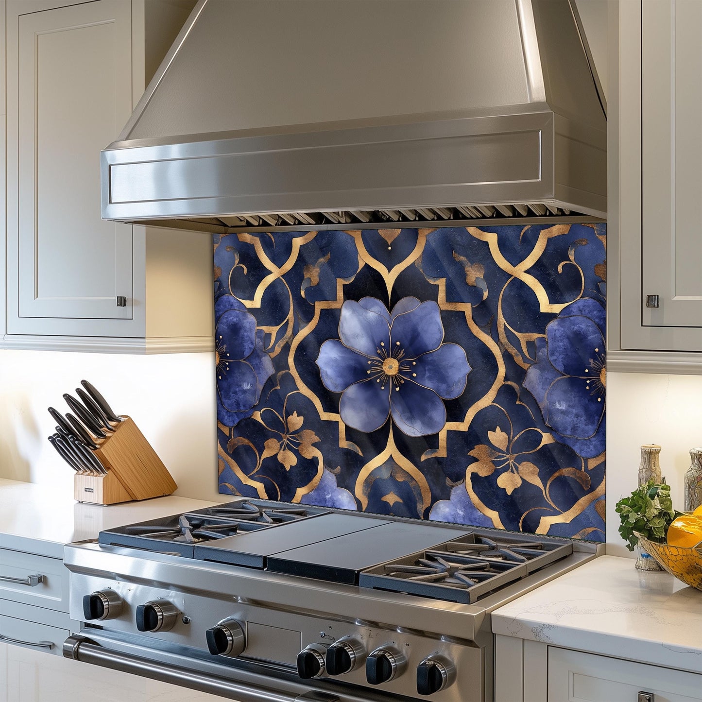 Moroccan Style Glass Backsplash, Blue Floral Stove Guard, Heat Resistant Easy Clean Kitchen Art