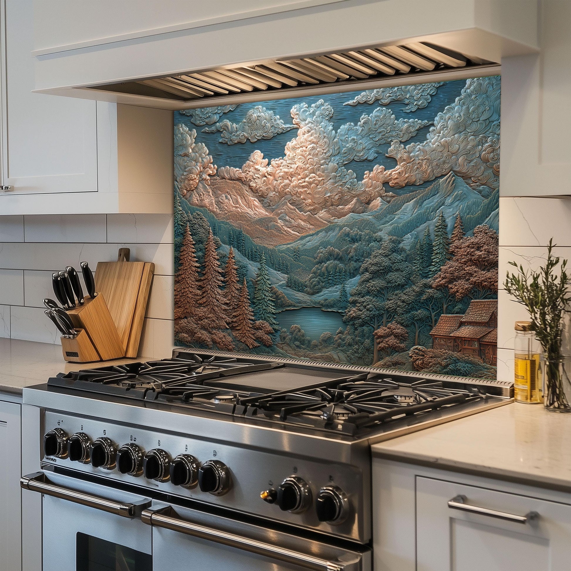 Mountain Landscape Glass Backsplash: Rustic Cabin & Boho Kitchen Decor
