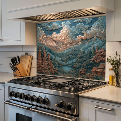 Mountain Landscape Glass Backsplash: Rustic Cabin & Boho Kitchen Decor