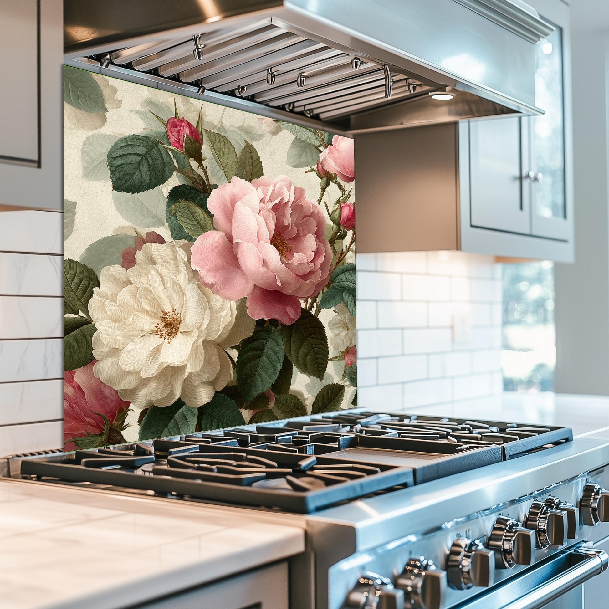 Vintage Floral Rose Kitchen Backsplash - Pink and White Peony Tempered Glass Stove Splashback